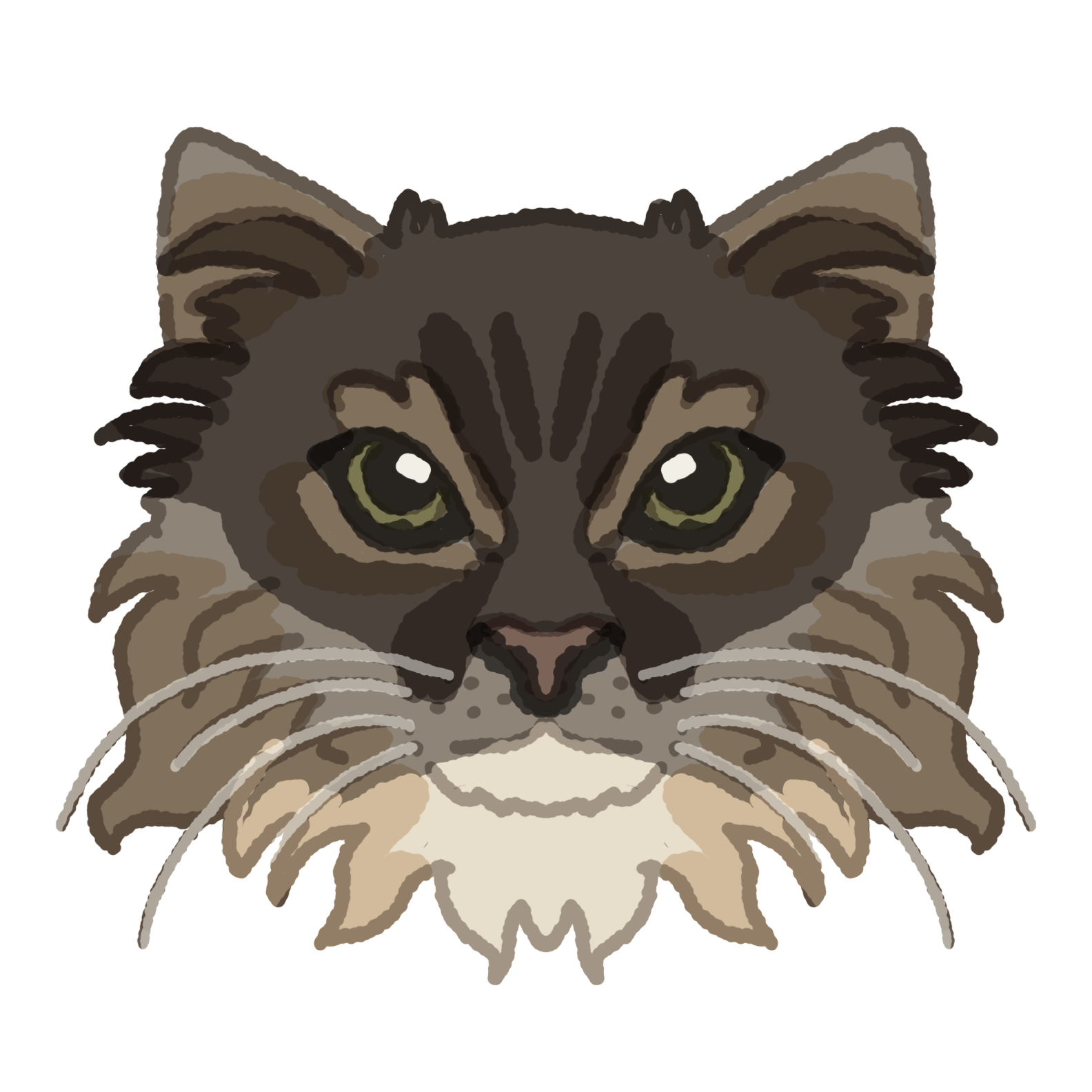 a front facing siberian cat. it is symmetrical and has cream and brown fur, with shading and highlights.